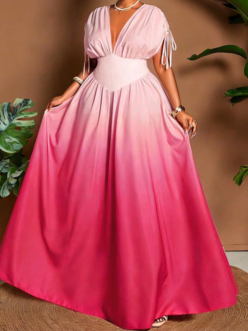 Multicolor Casual Women's Plus Size Ombre Tie-Front V-Neck A-Line Maxi Dress - Picture 6 of 7